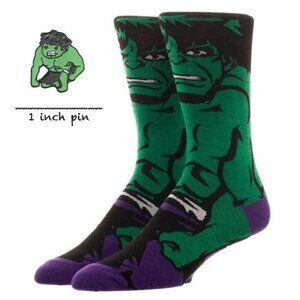 NEW THE INCREDIBLE HULK Gift Bundle!  Set of Crew Socks & Pin Brooch  w Gift Box